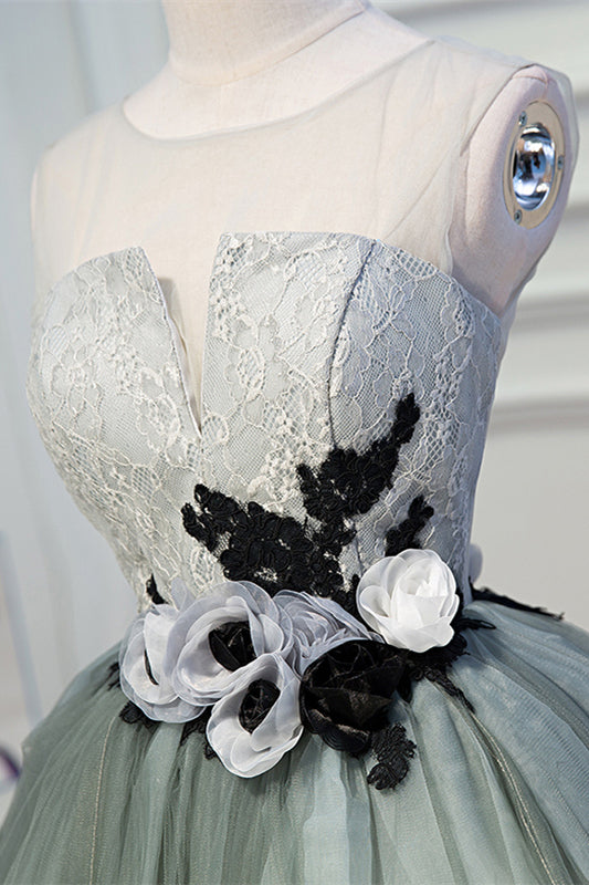 Dusty Sage Illusion Neck Lace Flowers Tulle Homecoming Dress