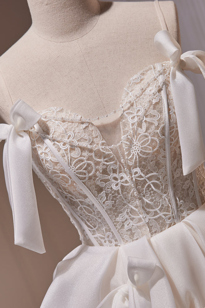 Ivory Straps Bows Lace Top Ruffle Tulle Homecoming Dress