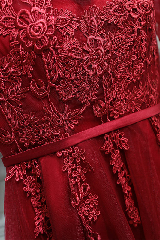 Red Illusion Lace Neck Sleeves Appliques Mini Formal Dress with Sash