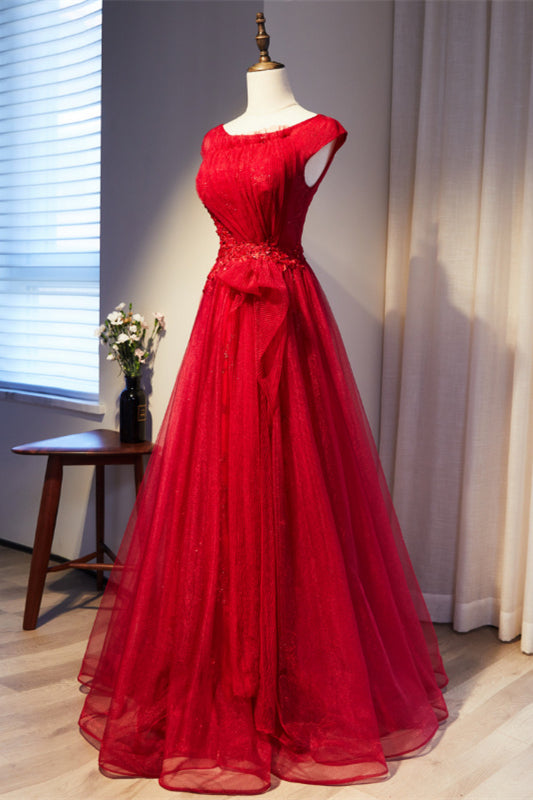 Scoop Cap Sleeveless Open Back Tulle A-Line Prom Dress