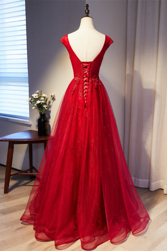 Scoop Cap Sleeveless Open Back Tulle A-Line Prom Dress