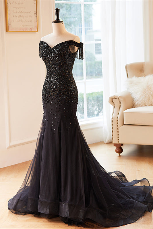 Black Mermaid Off-the-Shoulder Sequins Top Maxi Formal Dress