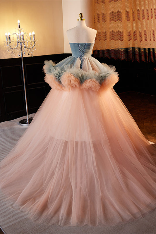 Dusty Blue and Pink Strapless Ruffle Layers Tulle Long Prom Dress