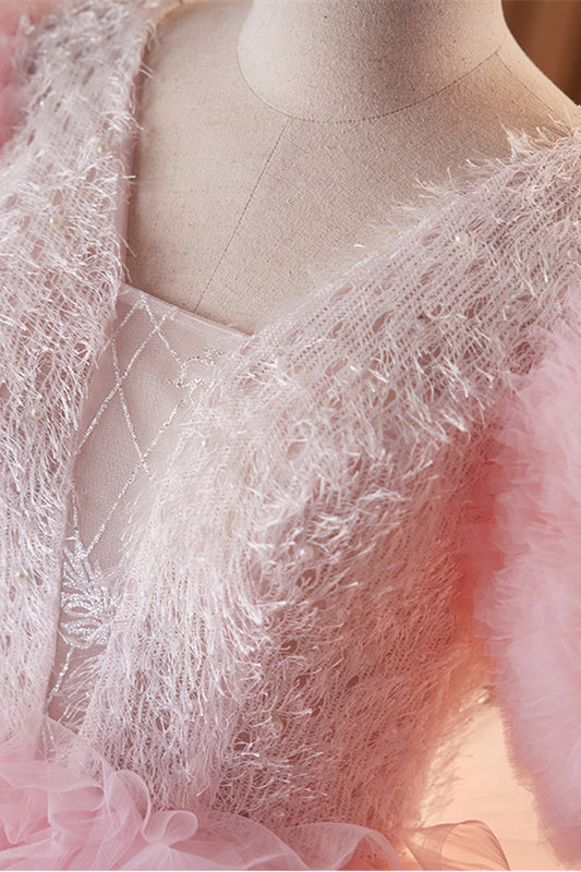 Pink Deep V Neck Lace Sleeves Ruffle-Layers Hi-Low Formal Dress with Feathers