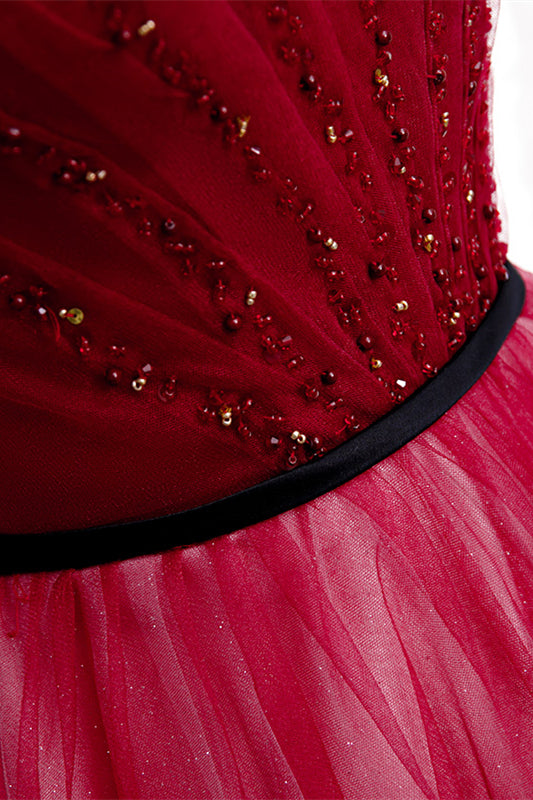 Red Folded Off-the-Shoulder Beaded Tea Length Formal Dress