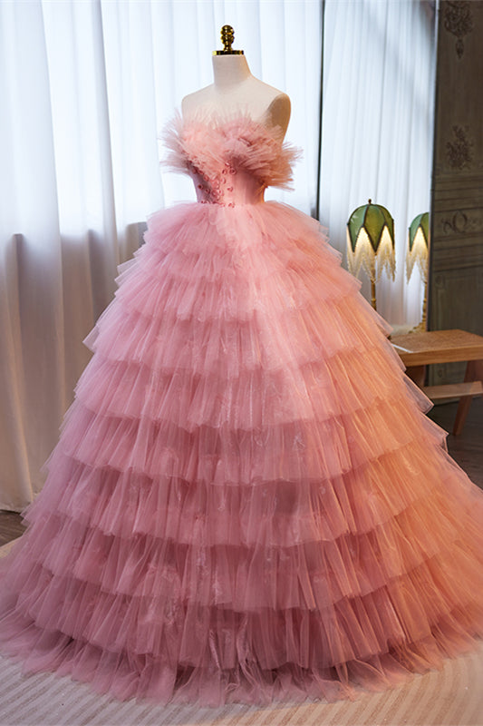 Pink Ruffled Strapless A-line Multi-Layers Long Prom Dress