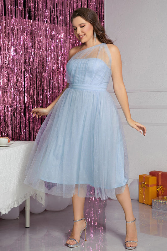 Sparkly Light Blue Illusion One Shoulder Tulle Homecoming Dress