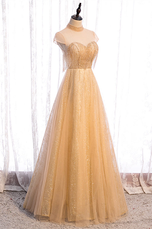 High Neck Cap Sleeves Tulle A-Line Sparkly Party Evening Dress