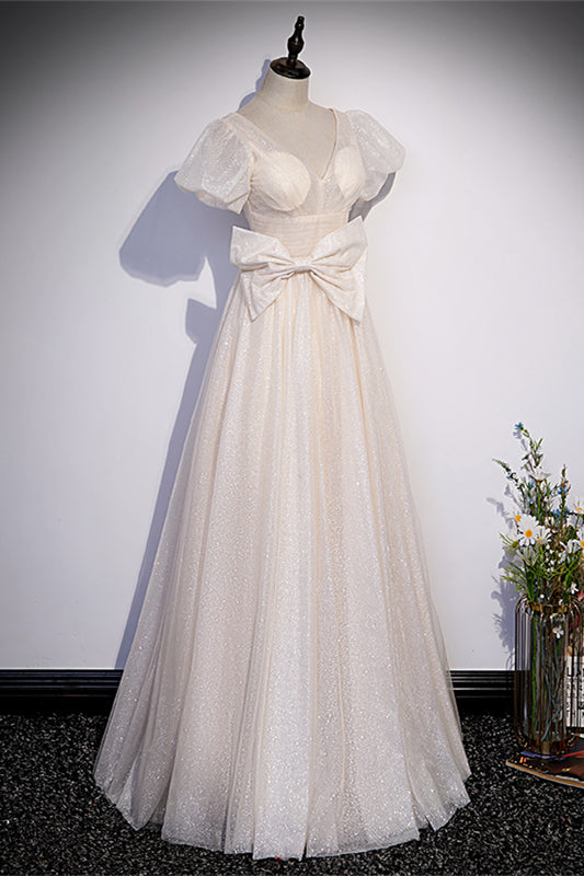 Champagne V Neck Puff Sleeves Maxi Formal Dress with Bow