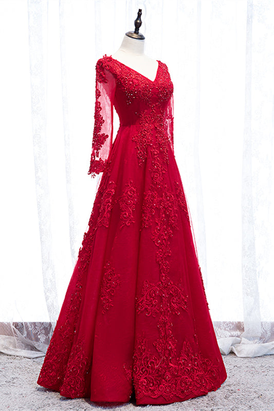V-Neck Long Sleeves A-Line Lace Appliques Party Evening Dress