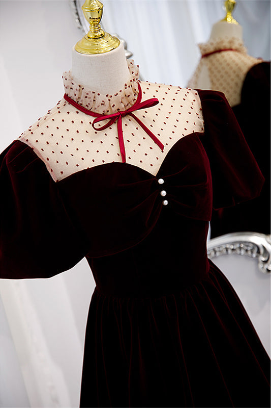 Burgundy Illusion Neck Puff Sleeves Bow Tie Maxi Formal Dress with Buttons