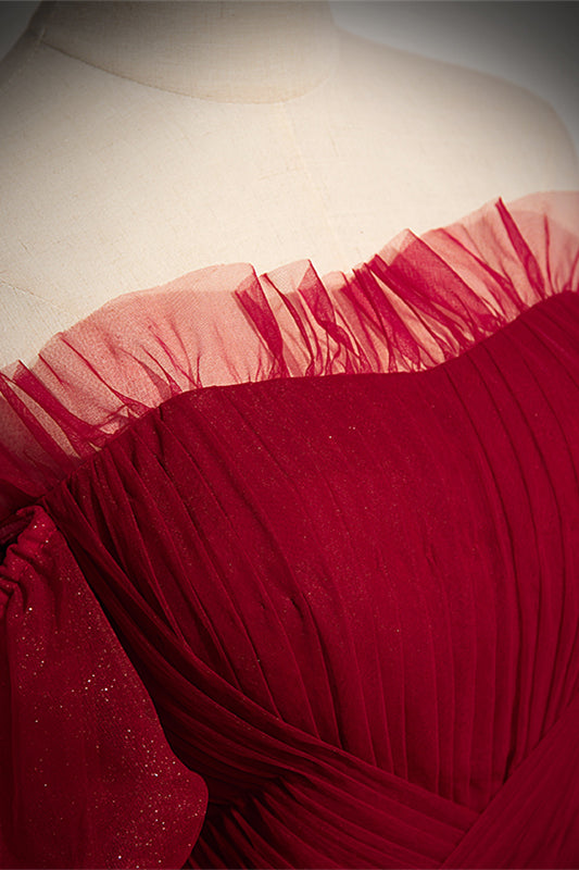 Red Off-the-Shoulder Pleated Ruffle Maxi Formal Dress with Sash