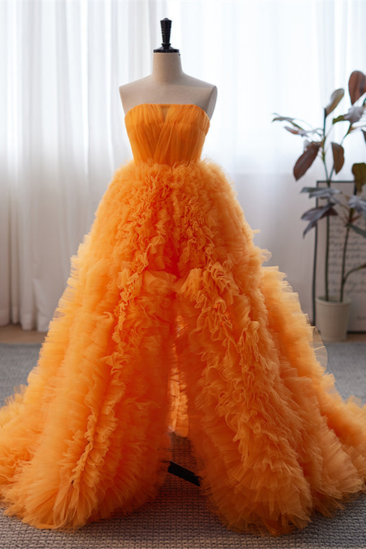 Orange Off-the-Shoulder Long Sleeves Ruffles Maxi Formal Dress with Slit