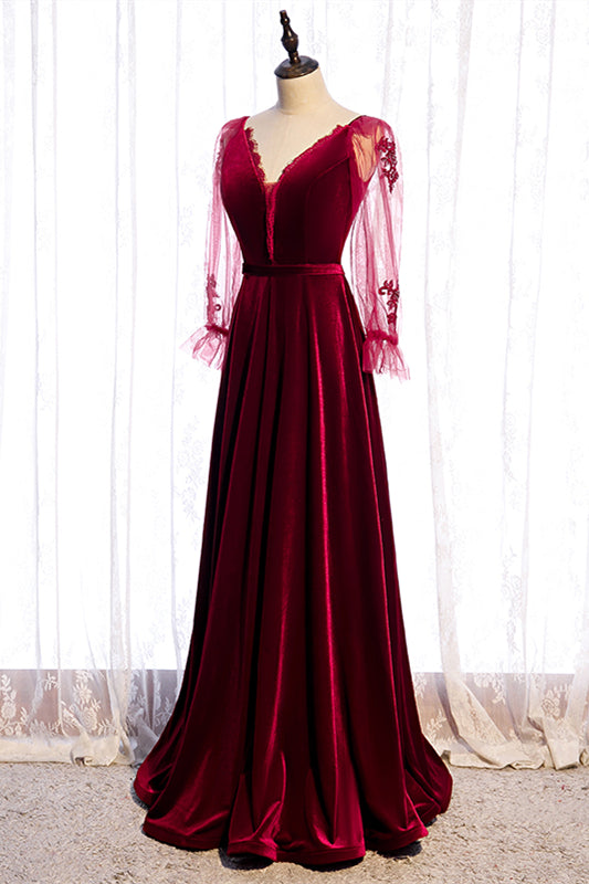 V-Neck Long Sleeves A-Line Velvet Party Dress