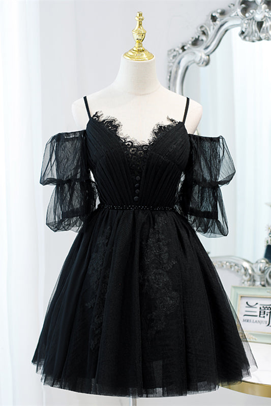 Champagne Off-the Shoulder Puff Sleeves Lace Beaded Homecoming Dress