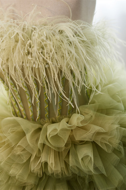 Green Strapless Boning Ruffle-Layers Formal Dress with Feathers