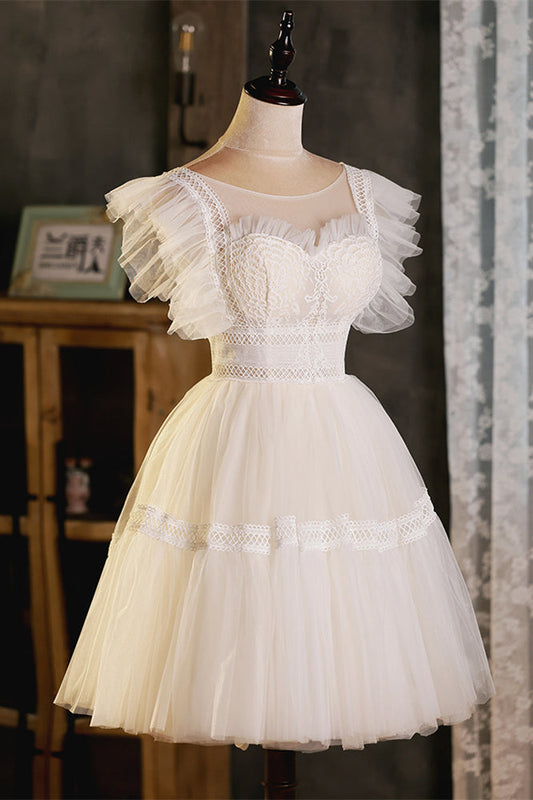 Champagne Flutter Sleeves Lace Ruffles Homecoming Dress