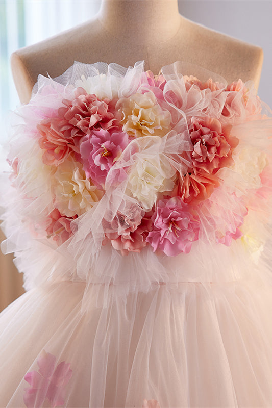 White Ruffled Strapless Floral A-line Tulle Long Prom Dress