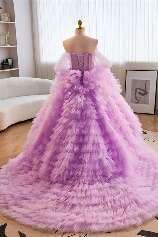Lavender Off-Shoulder A-line Multi-Layers Long Prom Dress