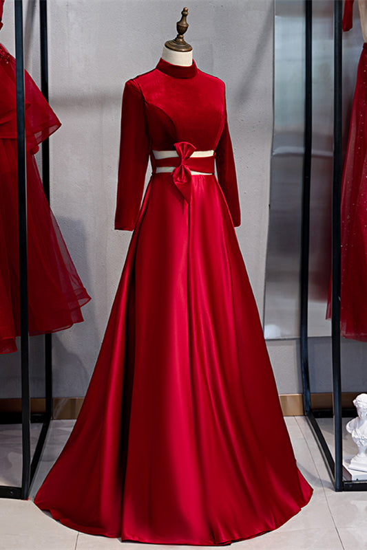 Velvet A-Line High Neck Long Sleeves Party Prom Dress
