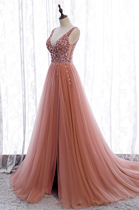 Low V-Neck Sleeveless Tulle A-Line Appliques Party Prom Dress