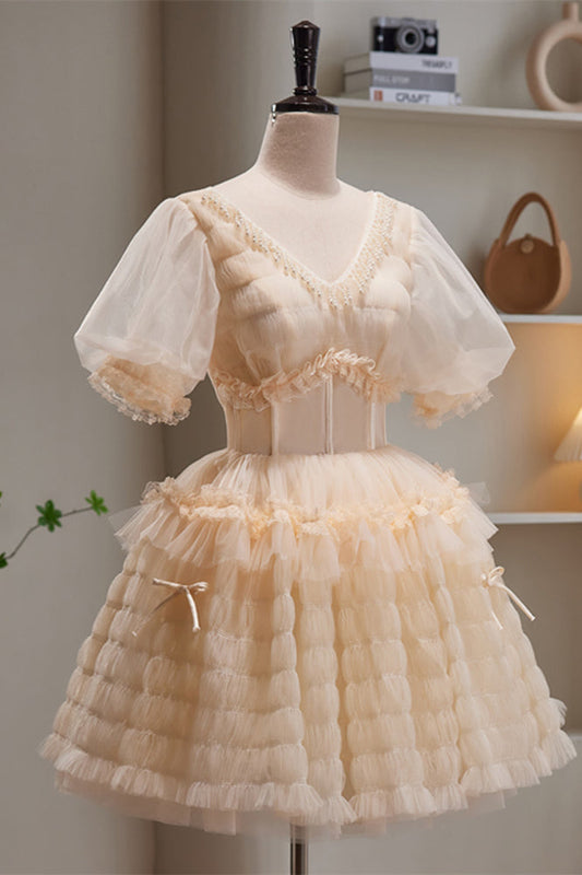 Champagne V Neck Puff Sleeves Beaded Ruffles Homecoming Dress