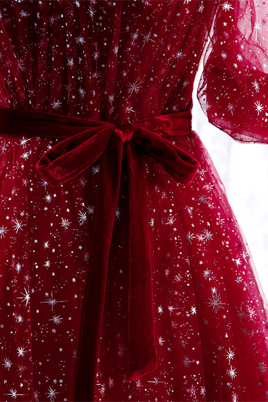 Red Sweetheart Short Sleeves A-Line Sparkly Party Prom Dress