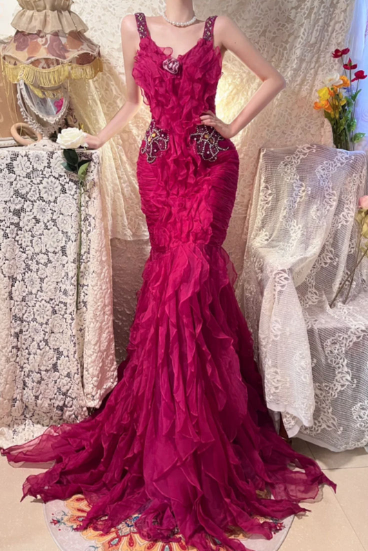 Retro Spaghetti Straps V Neck Chiffon Pleated Ruffles Mermaid Evening Dress Long Prom Gown D1192