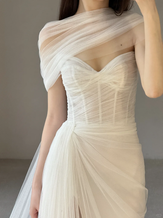 Elegant A Line Sweetheart Neck White Tulle Long Wedding Dress with Slit SH5098