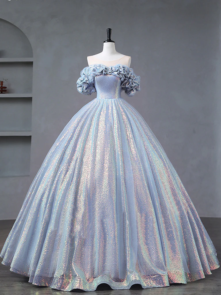 Off Shoulder Tulle Sequin Long Prom Dress Formal Quinceanera Dress Ball Gown SH1325