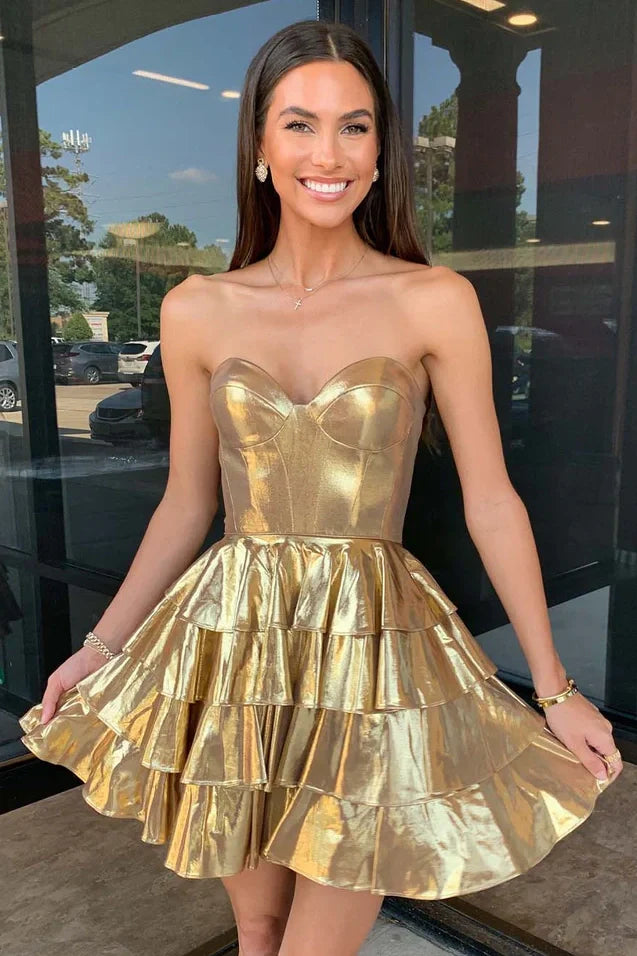 Satin A-Line Empire Strapless Tiered Short Homecoming Dress