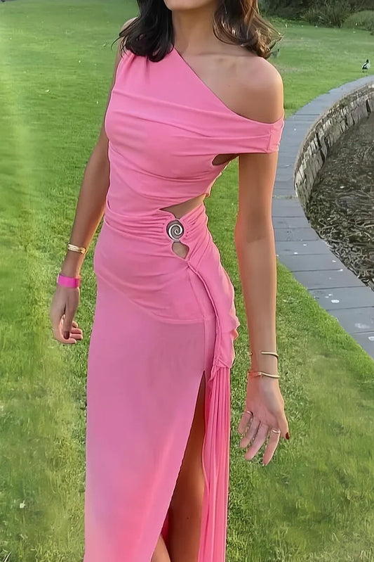 Satin Bodycon One Shoulder Long Party Prom Dress With High Slit