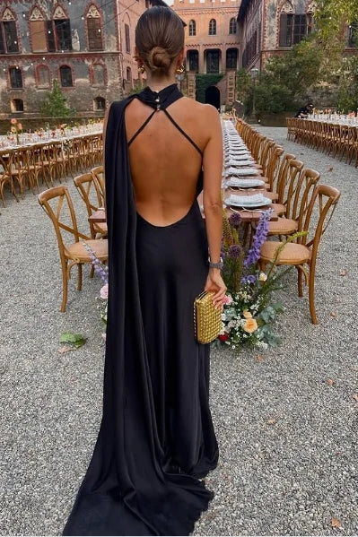 Sexy Black Satin High Neck Sleeveless Backless Party Prom Dress