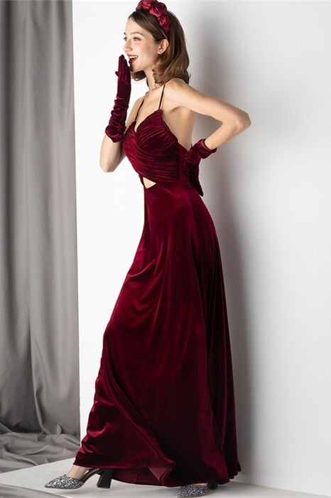 Sexy V-Neck Straps Open Back Burgundy Velvet Party Dress