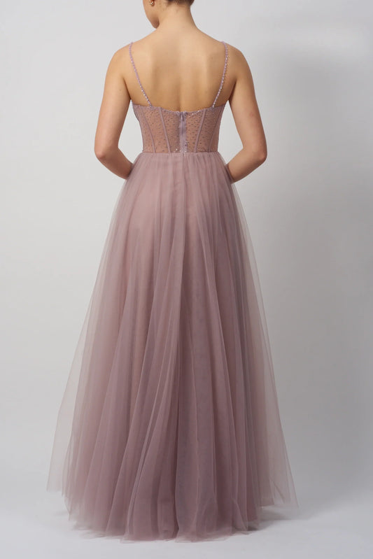 Sheer Empier Tulle A-Line Bateau Long Party Prom Dress