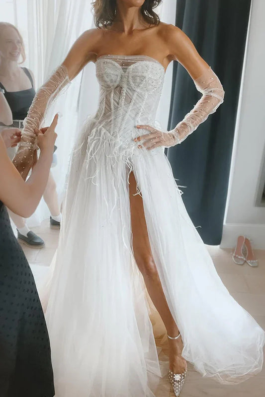 Sheer Tulle A-Line Strapless Pearls Summer Wedding Dress With Slit