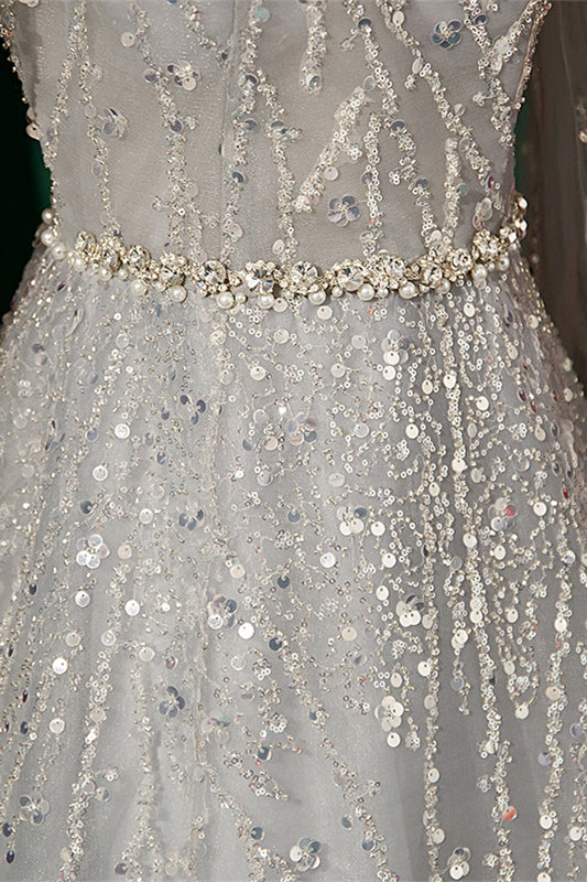 Grey Square Neck Long Sleeves Pearl Beaded Maxi Formal Dress