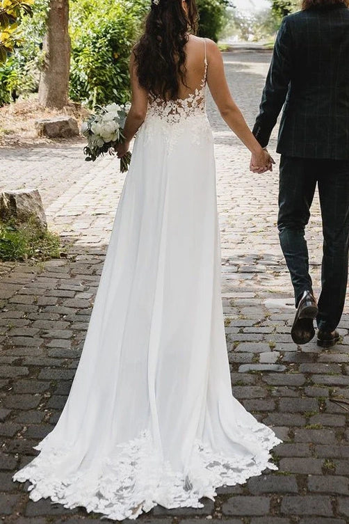 Spaghetti Straps V-Neck Empire Appliques A-Line Wedding Dress