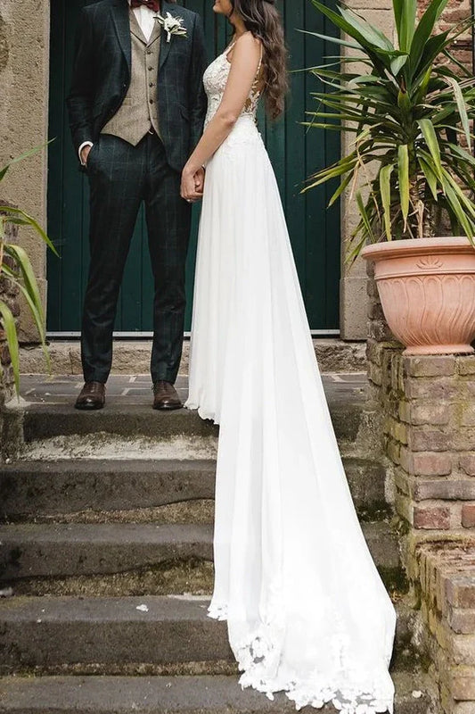 Spaghetti Straps V-Neck Empire Appliques A-Line Wedding Dress