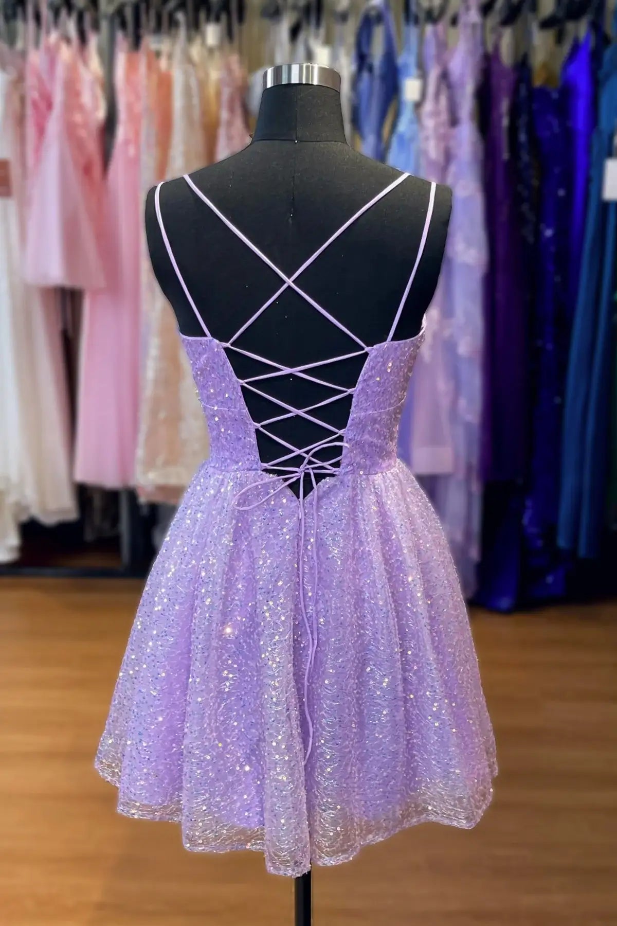 Sparkly Bateau Spaghetti Straps A-Line Short Homecoming Party Dress