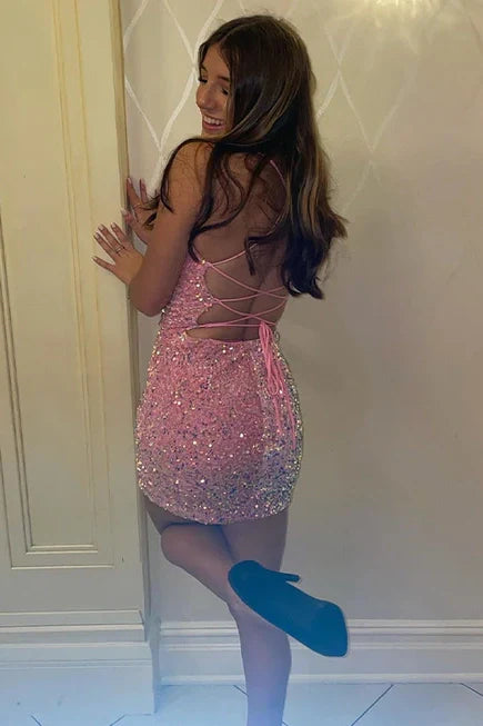 Sparkly Bodycon Fully Sequins Lace Up Homecoming Dress
