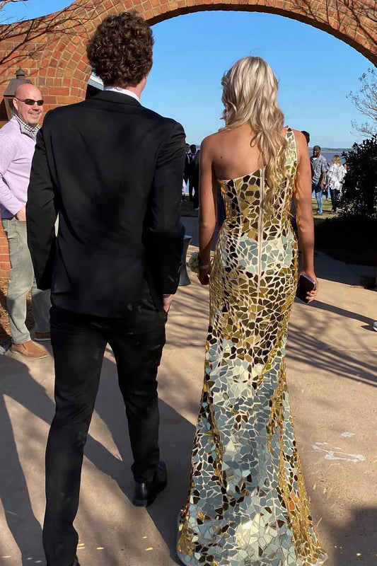 Sparkly One Shoulder Sleeveless Empire Mermaid Party Prom Dress