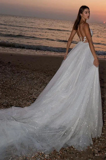 Sparkly Tulle A-Line Backless Bateau Beach Wedding Dress
