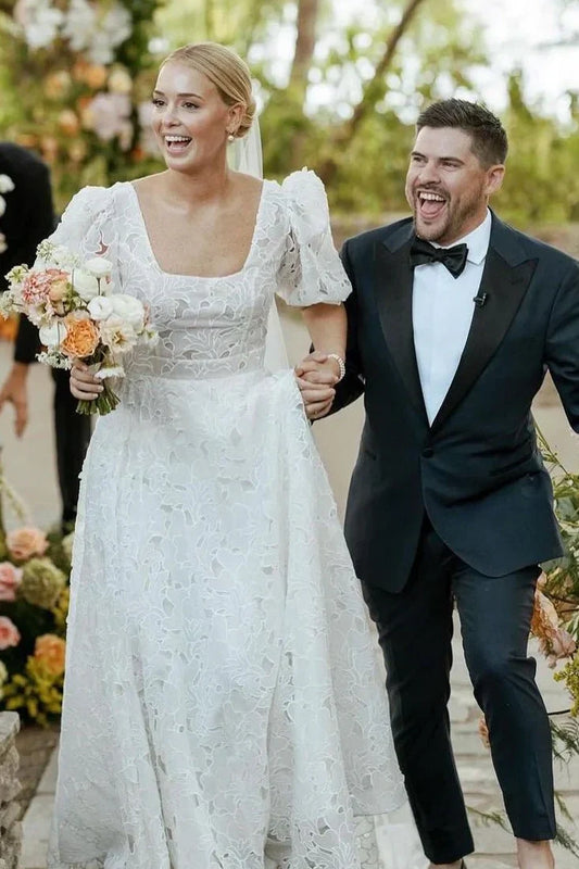Square Short Sleeves Lace A-Line Wedding Dress With Train