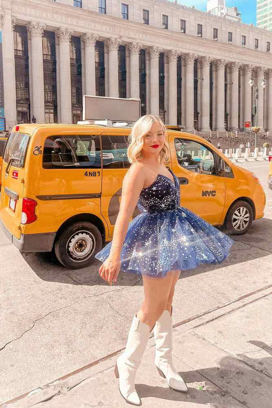 Stars Sequins Mini Beads Starry Long Puff Sleeves Evening V-Neck Homecoming Dress