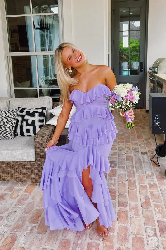 Strapless Chiffon Fitted Ruffle Party Prom Dress With Slit