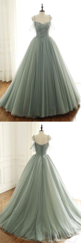 sage green tulle long ball gown with spaghetti straps, sage green sweet 16 dress prom gown P6154