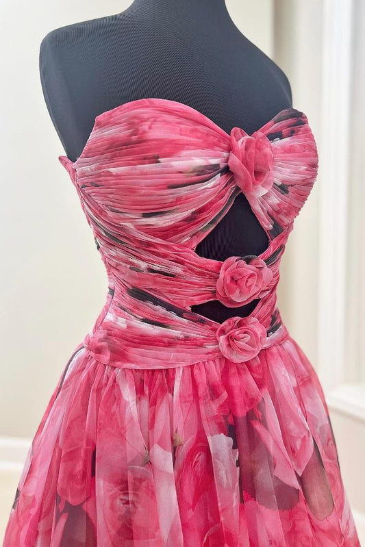 Strapless A-Line Corset Floral Ruffle Prom Dress