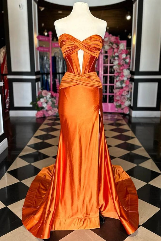 Strapless Twisted Knot Satin Mermaid Prom Dress with Slit