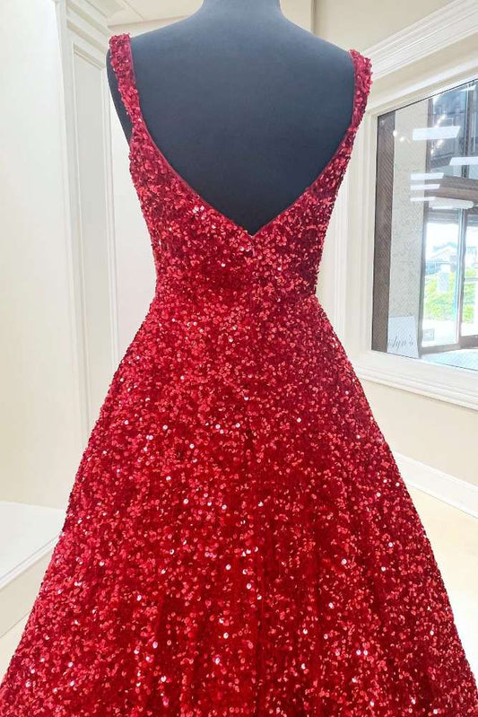 Straps Red Sequin A-Line Long Prom Dress